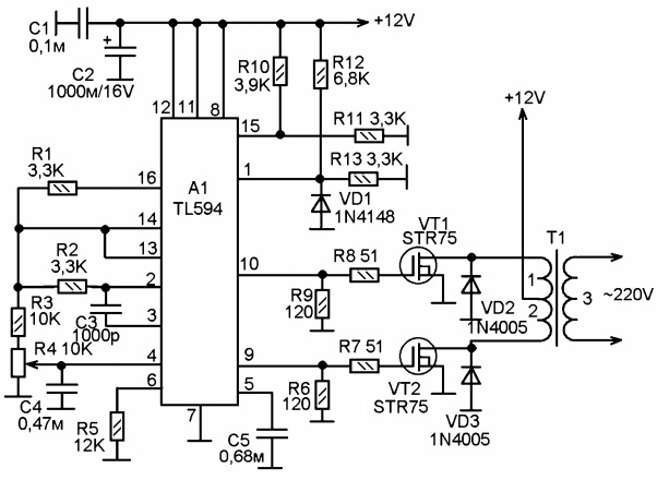 Принципиальная схема импульсного преобразователя напряжения +12V в ~220V