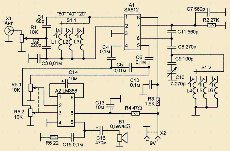 Схема приёмника прямого преобразования со смесителем SA612