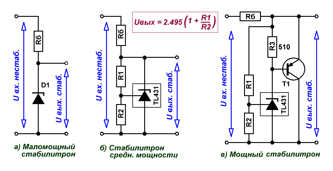 Схемы включения стабилитрона и его аналогов на TL431